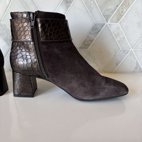 Ron White 38/7.5 Ankle Boot Zipper Block Heel Linzi Brown Croc Cashmere Suede - Picture 4 of 11